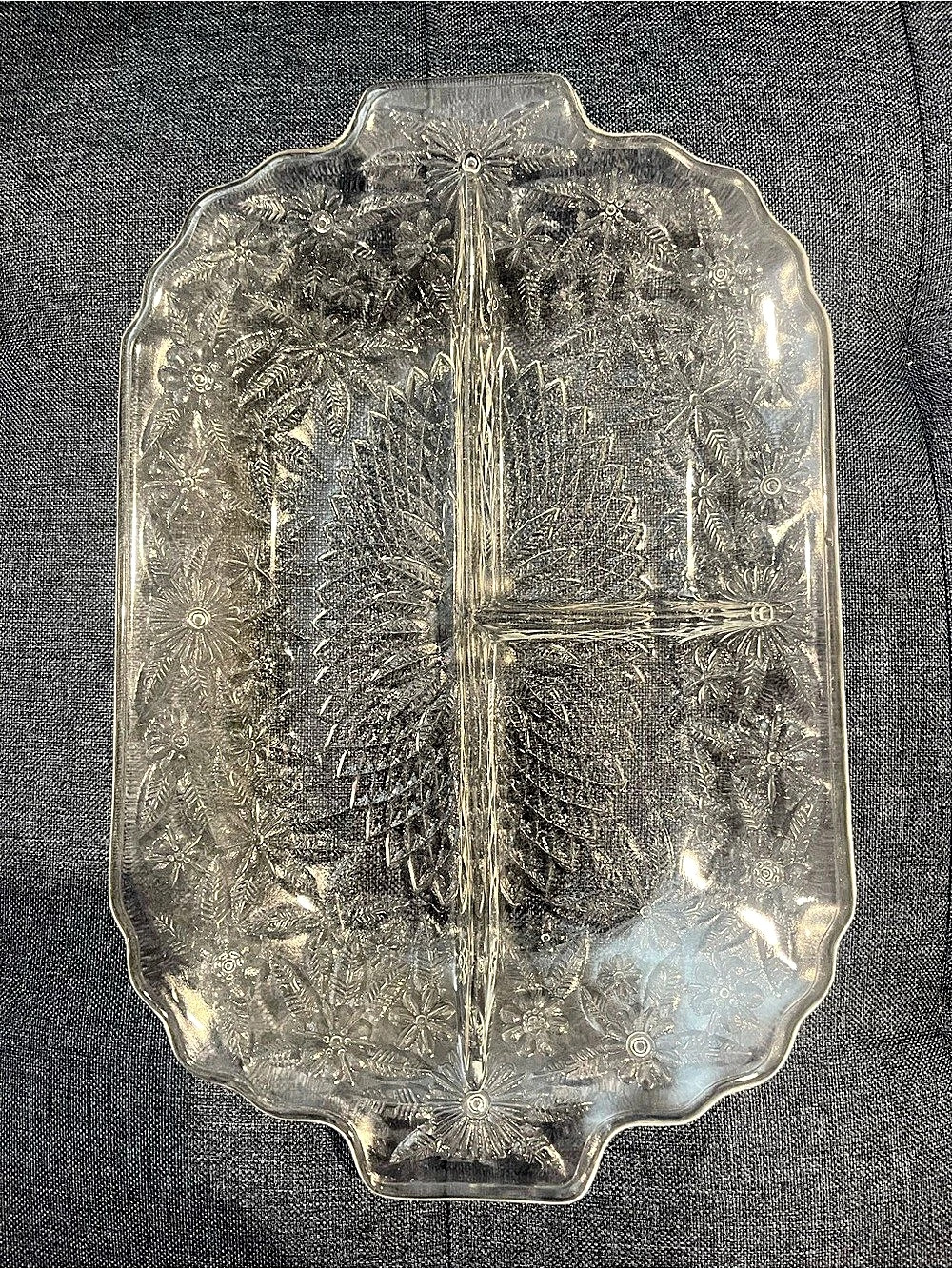 Vintage Clear Glass 3-Part Divided Relish Nut/ Candy Tray Floral Design